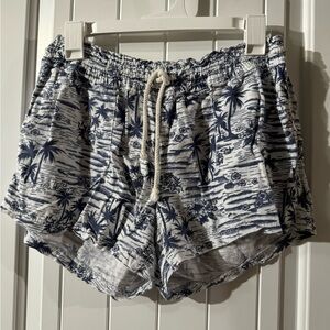 GIRLS Shorts—White w/Navy Blue Palm Trees/Flowers Print. Elastic waist w/string